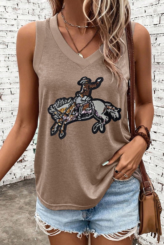 Simply Taupe Sequined Rodeo Graphic Fashion Tank Top