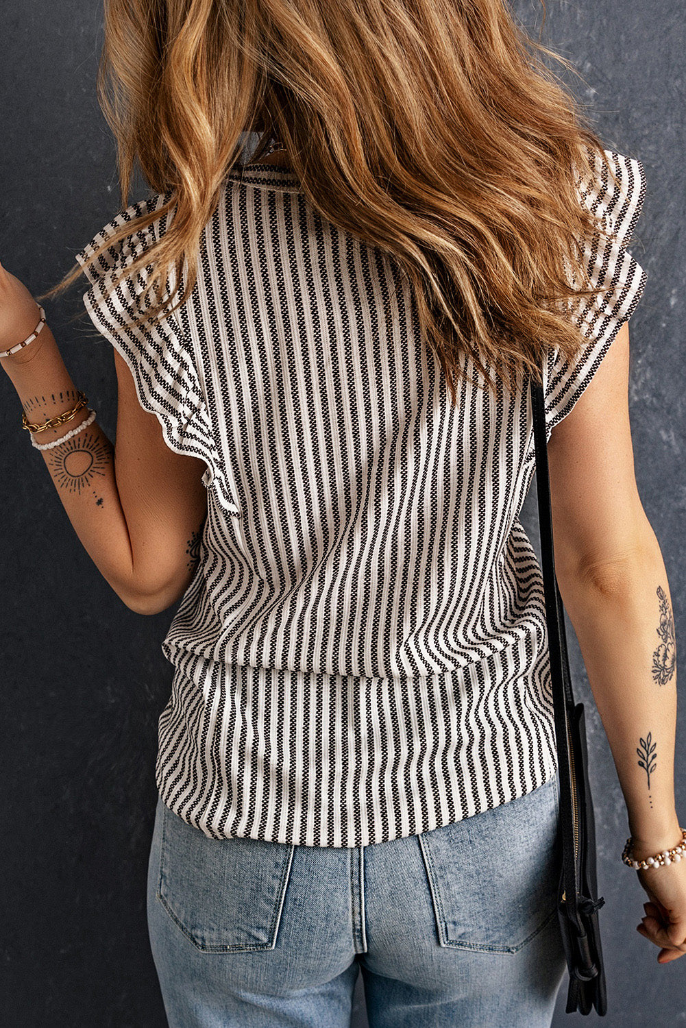 Grey Casual Striped Print Ruffle Summer Top