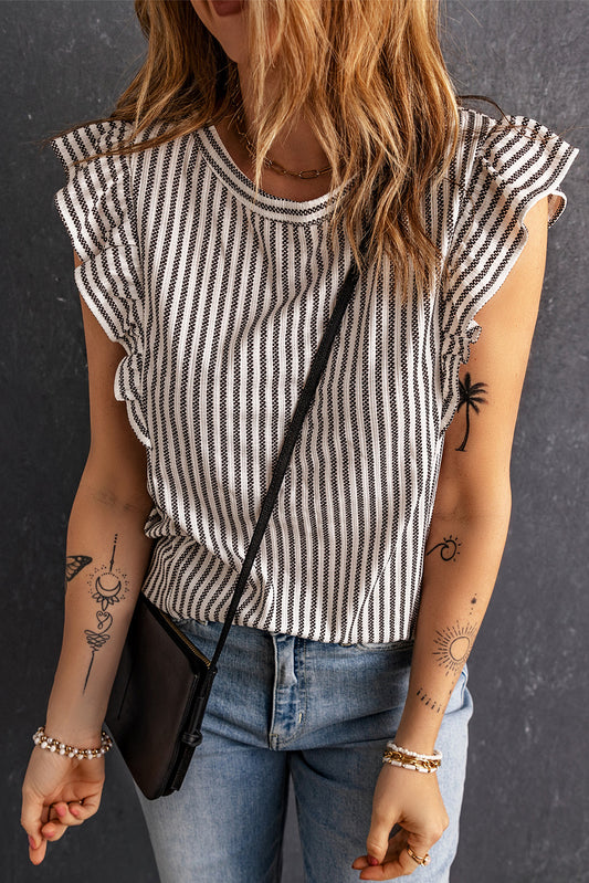 Grey Casual Striped Print Ruffle Summer Top