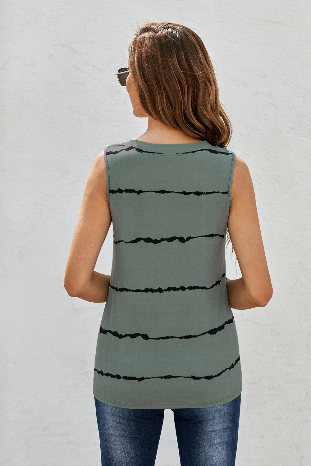 Gray Tie-dye Stripes Round Neck Tank Top