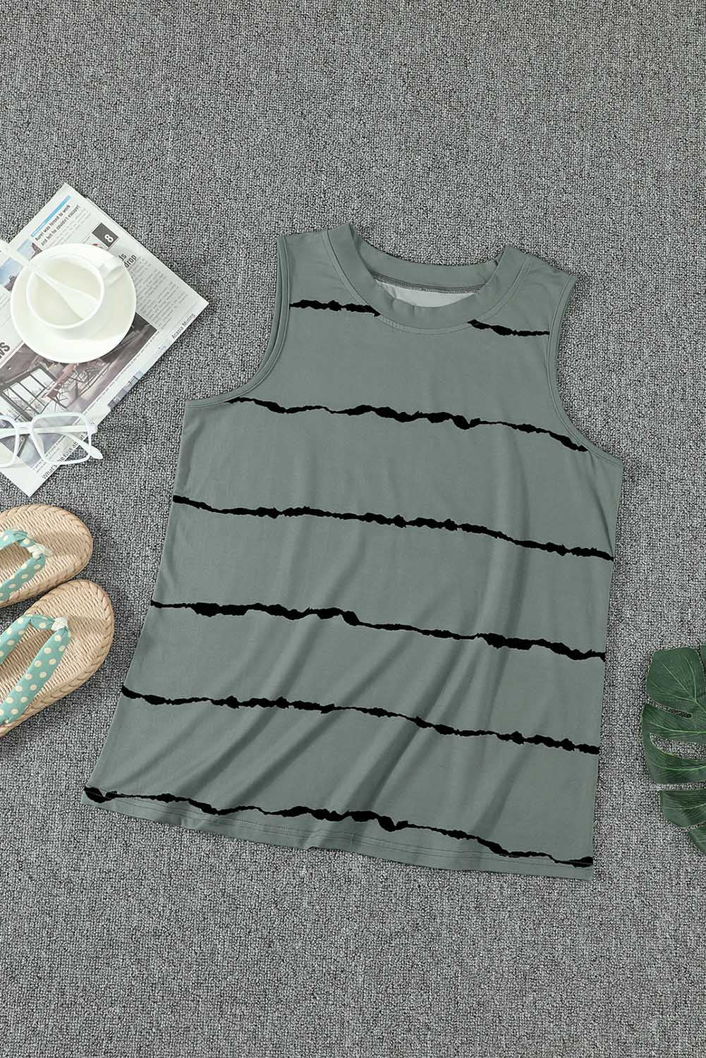 Gray Tie-dye Stripes Round Neck Tank Top