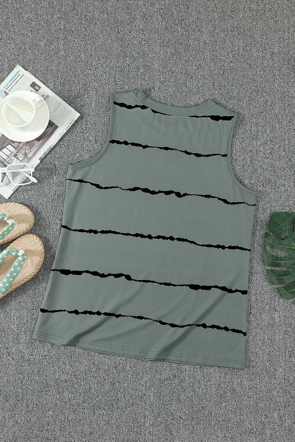 Gray Tie-dye Stripes Round Neck Tank Top