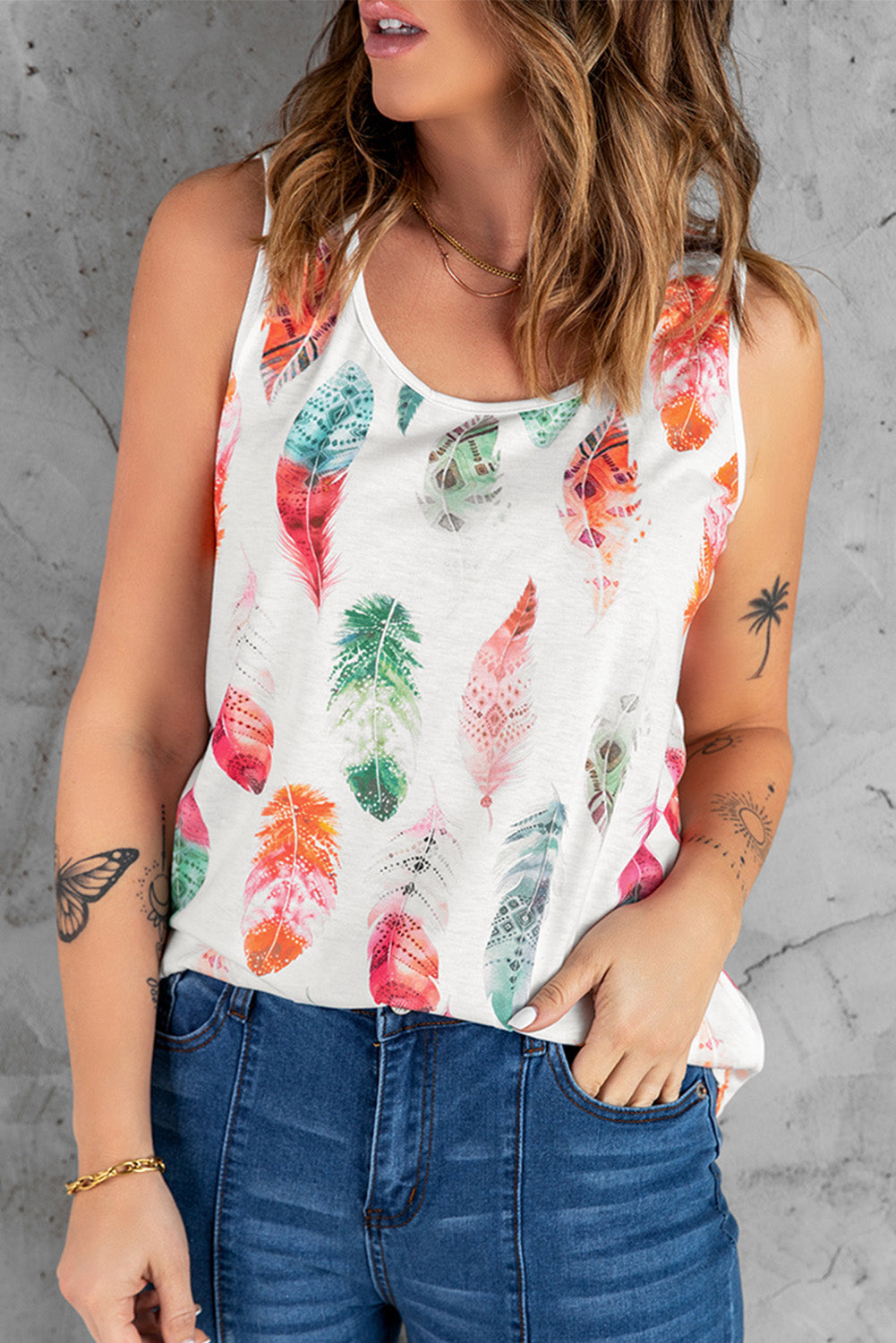 Colorful Feathers Print Scoop Neck Tank Top for Women