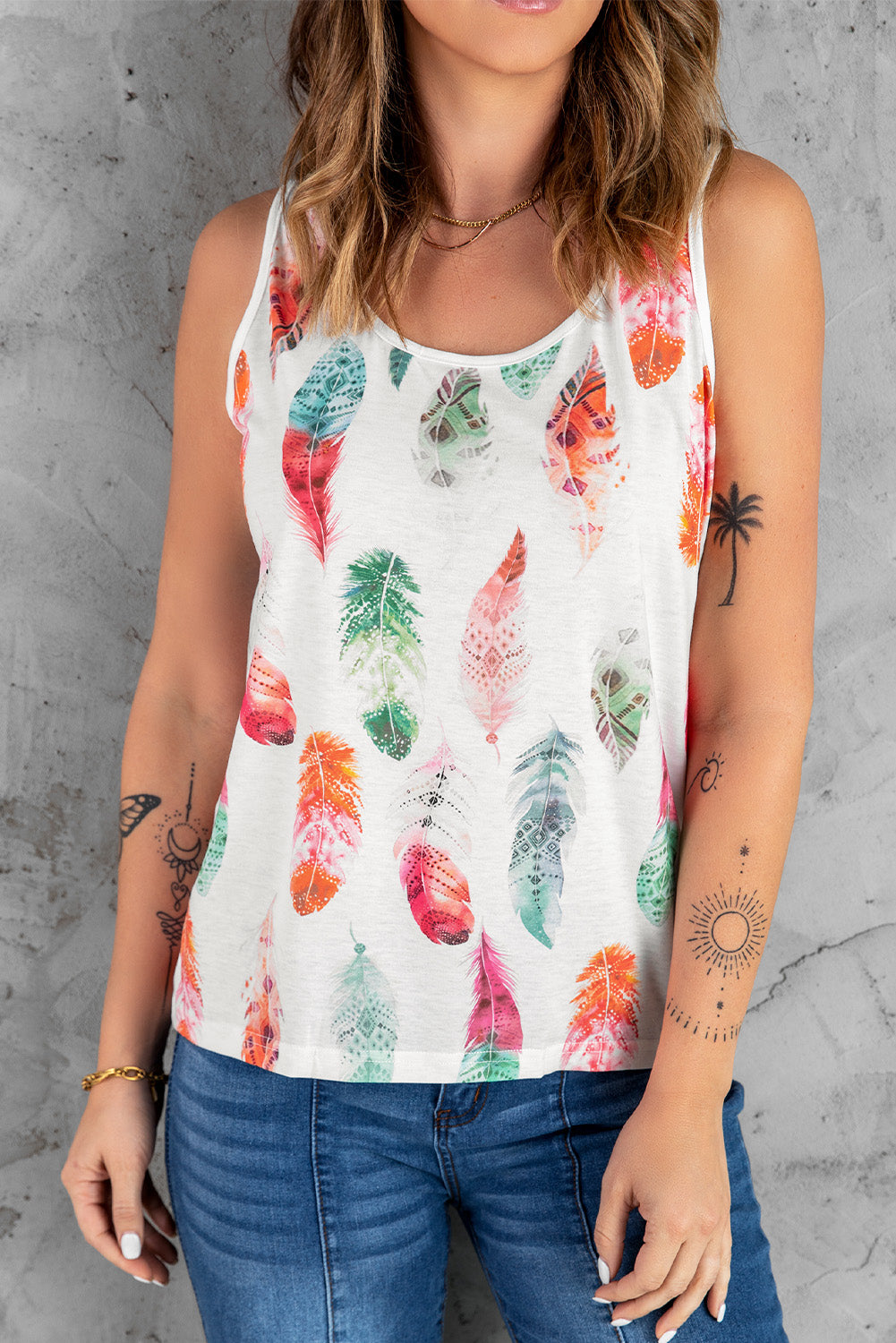 Colorful Feathers Print Scoop Neck Tank Top for Women