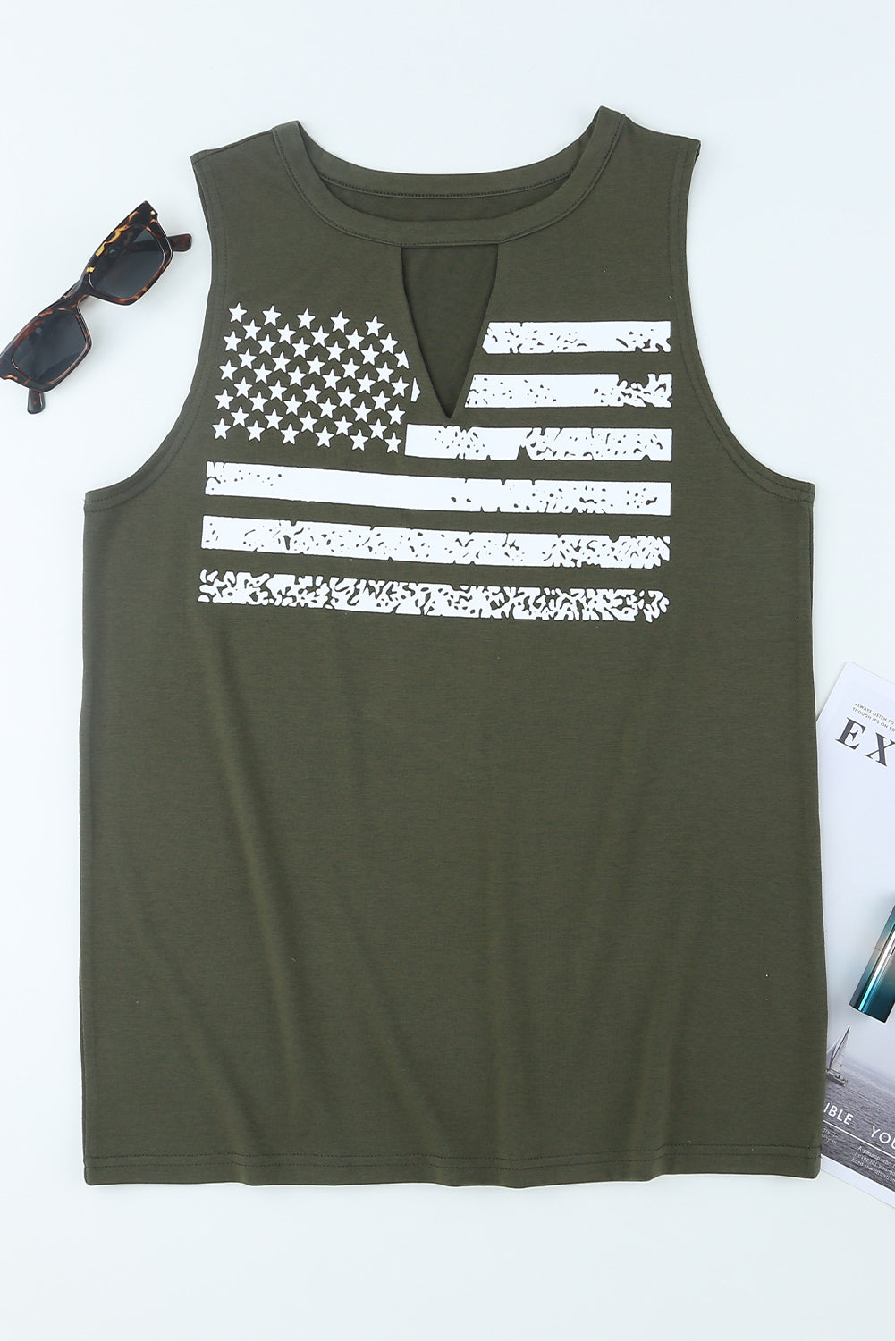 Green Casual Keyhole Neck Flag Print Tank Top