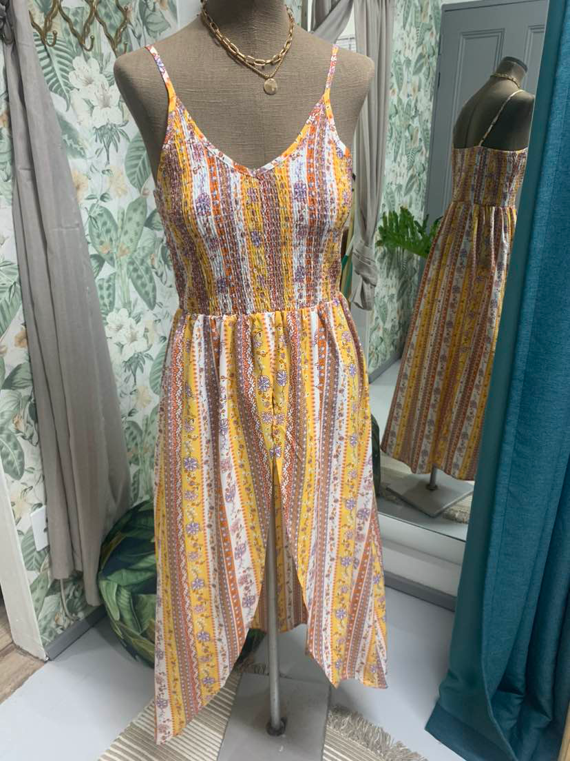 Yellow Boho Floral Print Smocked Front Slit Maxi Tank