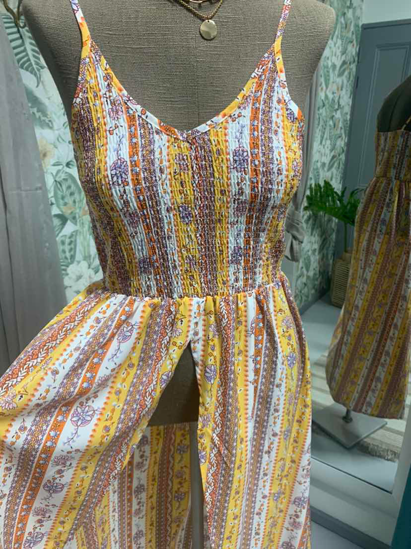 Yellow Boho Floral Print Smocked Front Slit Maxi Tank