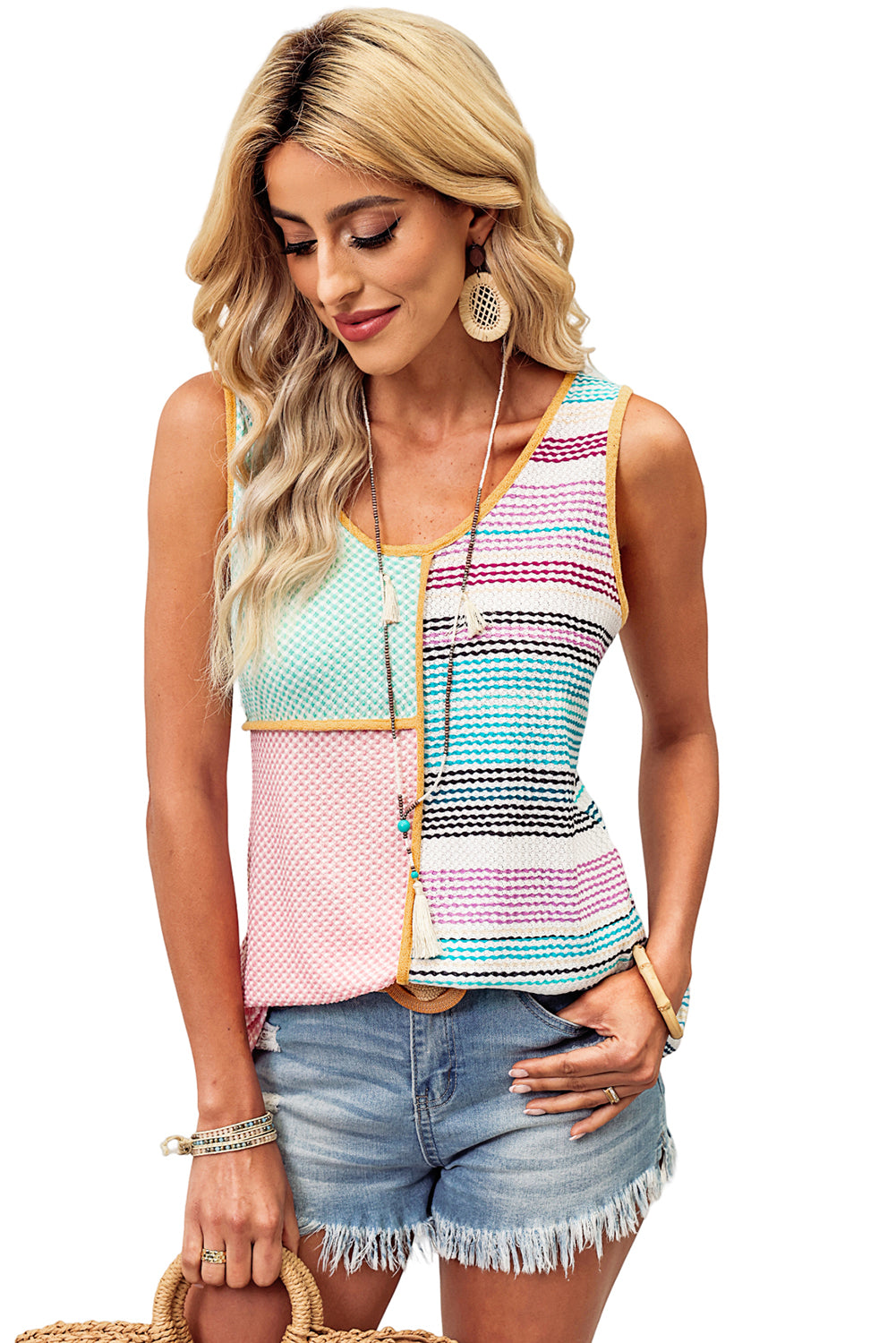 Multicolor Color Block Exposed Seam Casual V Neck Tank Top