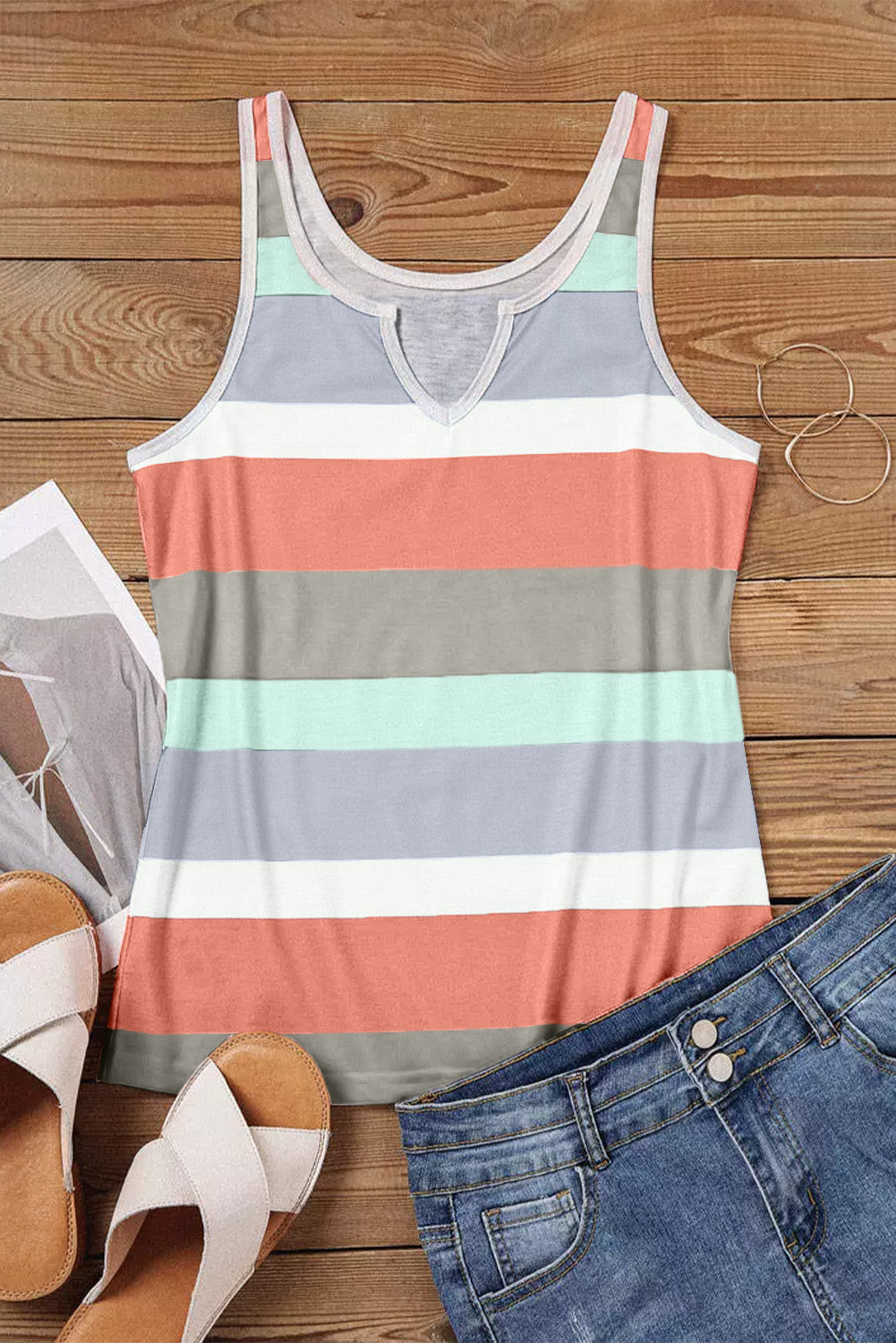 Multicolor green Striped Color Block Notched Neck Tank Top