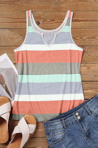 Multicolor green Striped Color Block Notched Neck Tank Top