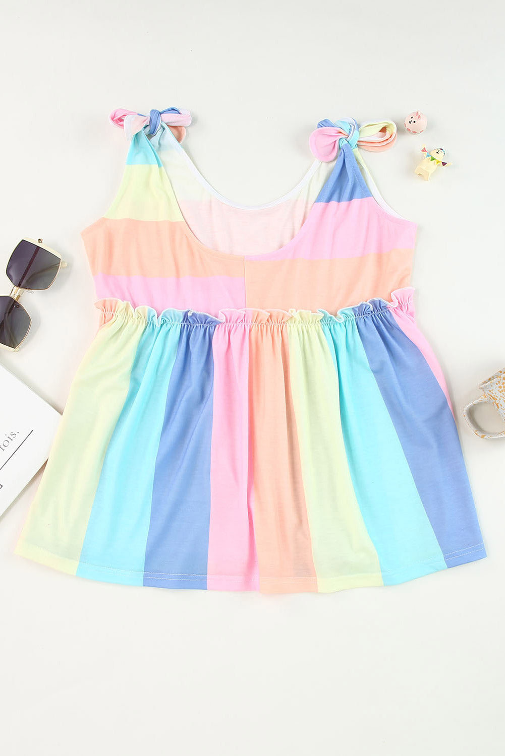 Multicolor Striped Print Rainbow Tied Shoulder Flowy Sleeveless Shirt