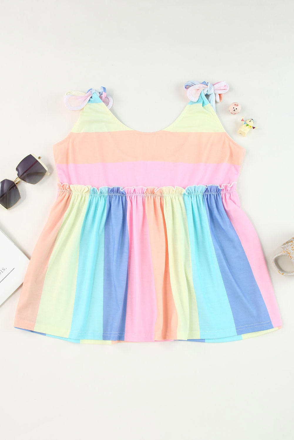 Multicolor Striped Print Rainbow Tied Shoulder Flowy Sleeveless Shirt