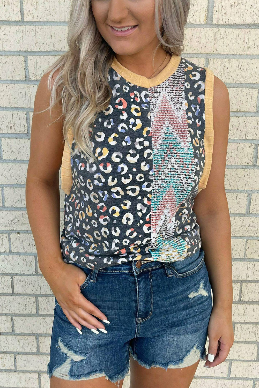 Leopard Chevron Print Colorblock Tank Top