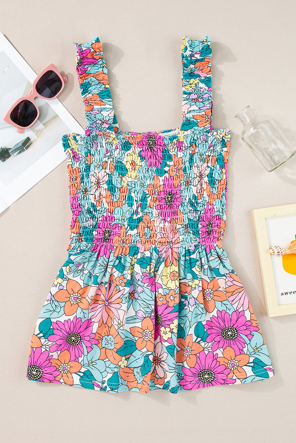 Multicolor Floral Print Smocked Tank Top