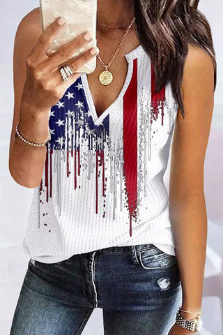CLEARANCE White American Flag USA Designful Print Notch V Neck Tank Top