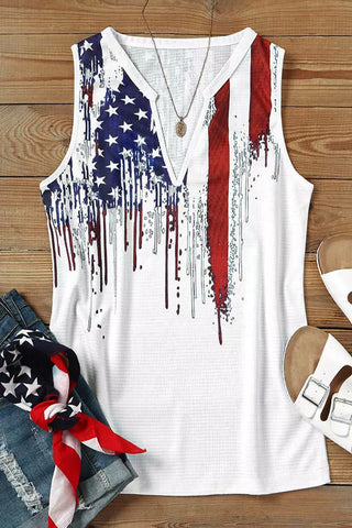 CLEARANCE White American Flag USA Designful Print Notch V Neck Tank Top