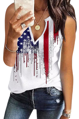 CLEARANCE White American Flag USA Designful Print Notch V Neck Tank Top