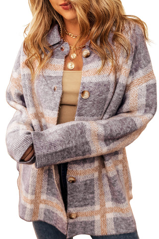 CLEARANCE Blue Fuzzy Plaid Collared Button Up Cardigan