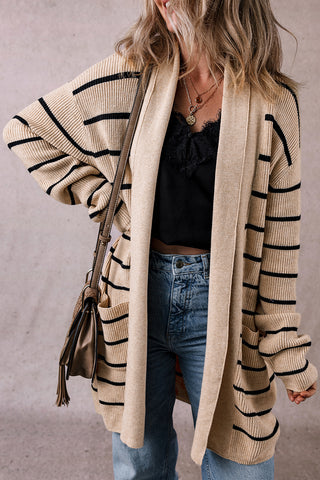 CLEARANCE Stripe Shawl Neckline Open Cardigan with Pockets