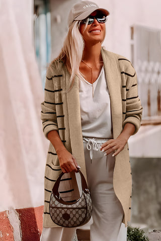 CLEARANCE Stripe Shawl Neckline Open Cardigan with Pockets