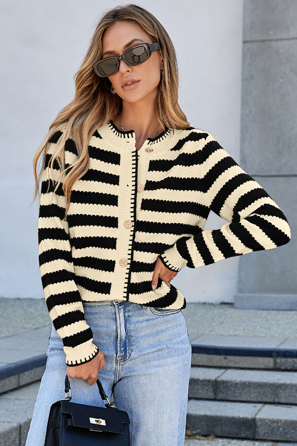 Stripe Chic Golden Button Cardigan Sweater