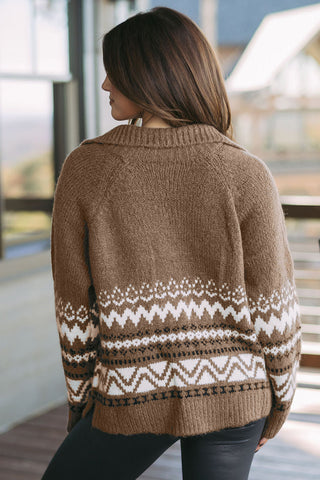 CLEARANCE Western Printed Ribbed Trim Collared Zip up Cardigan