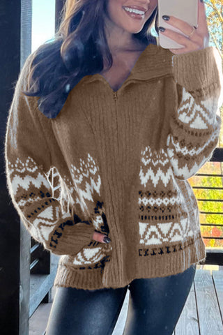 CLEARANCE Western Printed Ribbed Trim Collared Zip up Cardigan