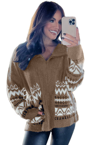 CLEARANCE Western Printed Ribbed Trim Collared Zip up Cardigan