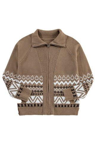 CLEARANCE Western Printed Ribbed Trim Collared Zip up Cardigan