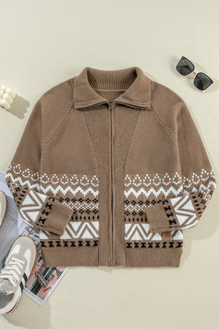 CLEARANCE Western Printed Ribbed Trim Collared Zip up Cardigan