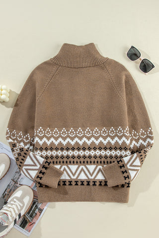 CLEARANCE Western Printed Ribbed Trim Collared Zip up Cardigan