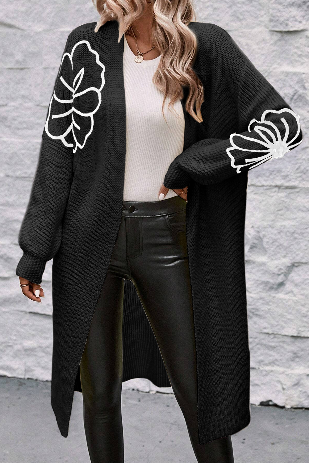 Black Flower Drop Shoulder Open Front Duster Cardigan