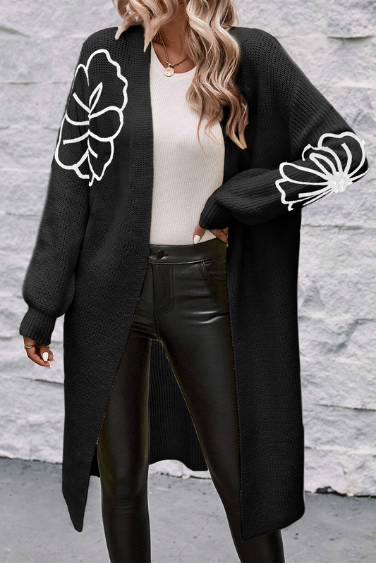 Black Flower Drop Shoulder Open Front Duster Cardigan