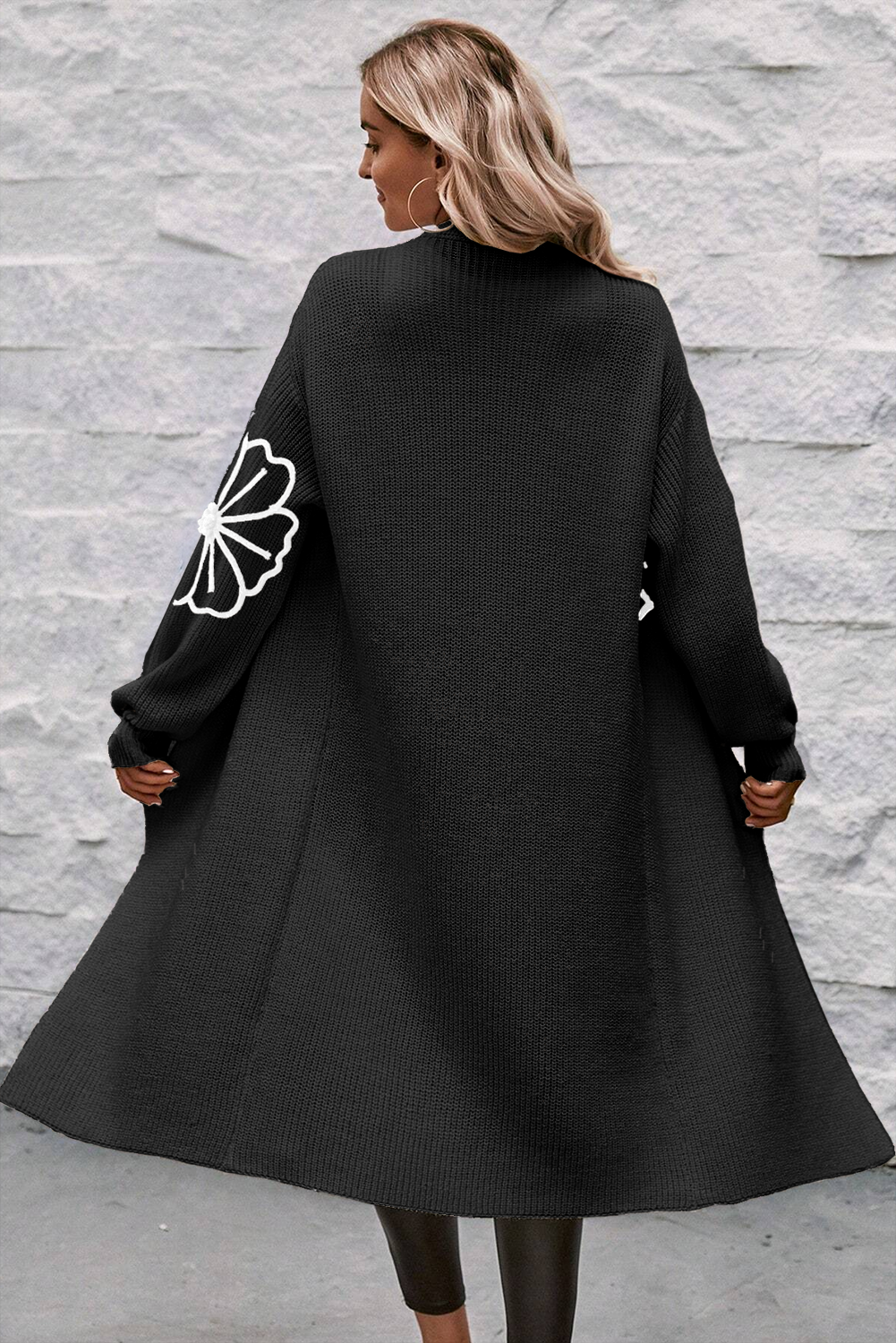 Black Flower Drop Shoulder Open Front Duster Cardigan