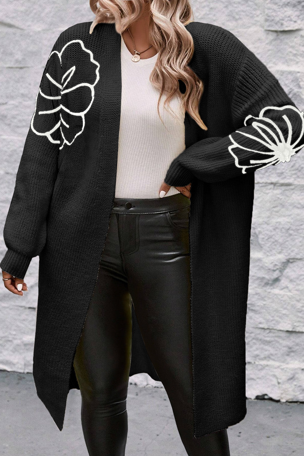 Black Flower Drop Shoulder Open Front Duster Cardigan