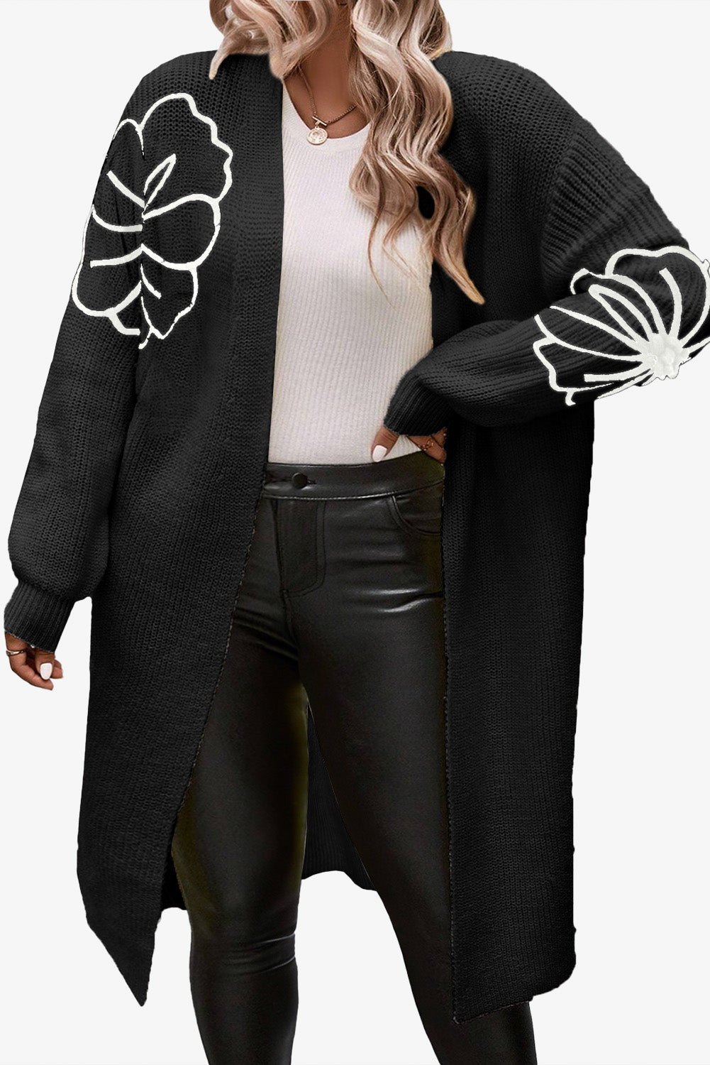 Black Flower Drop Shoulder Open Front Duster Cardigan