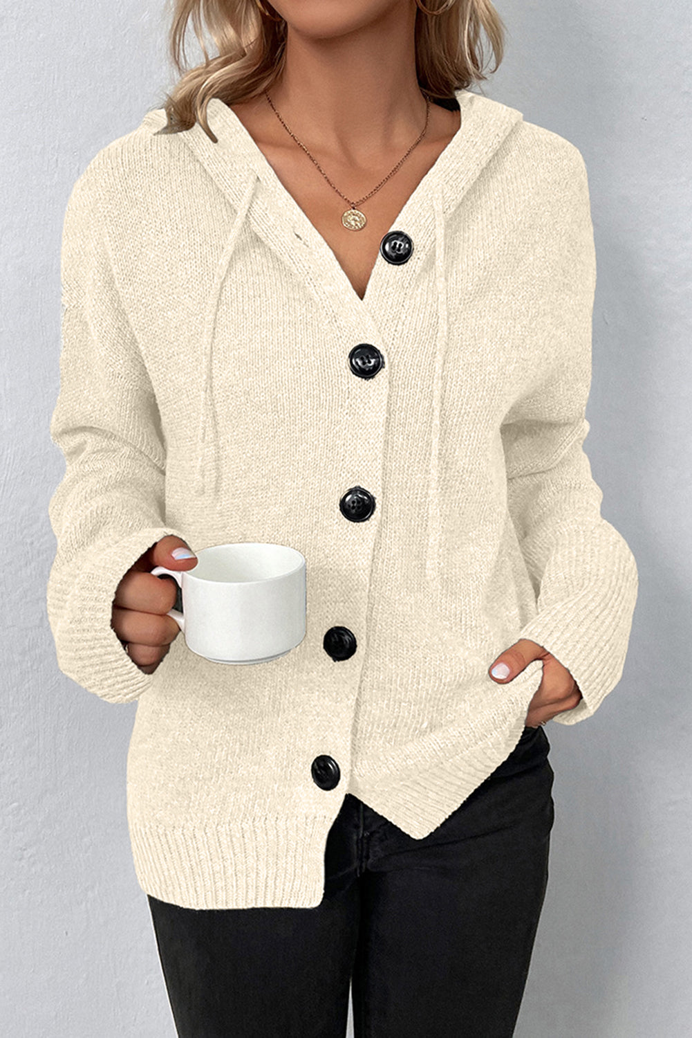 Hooded Button Up Drop Shoulder Sweater Cardigan in Grey or White