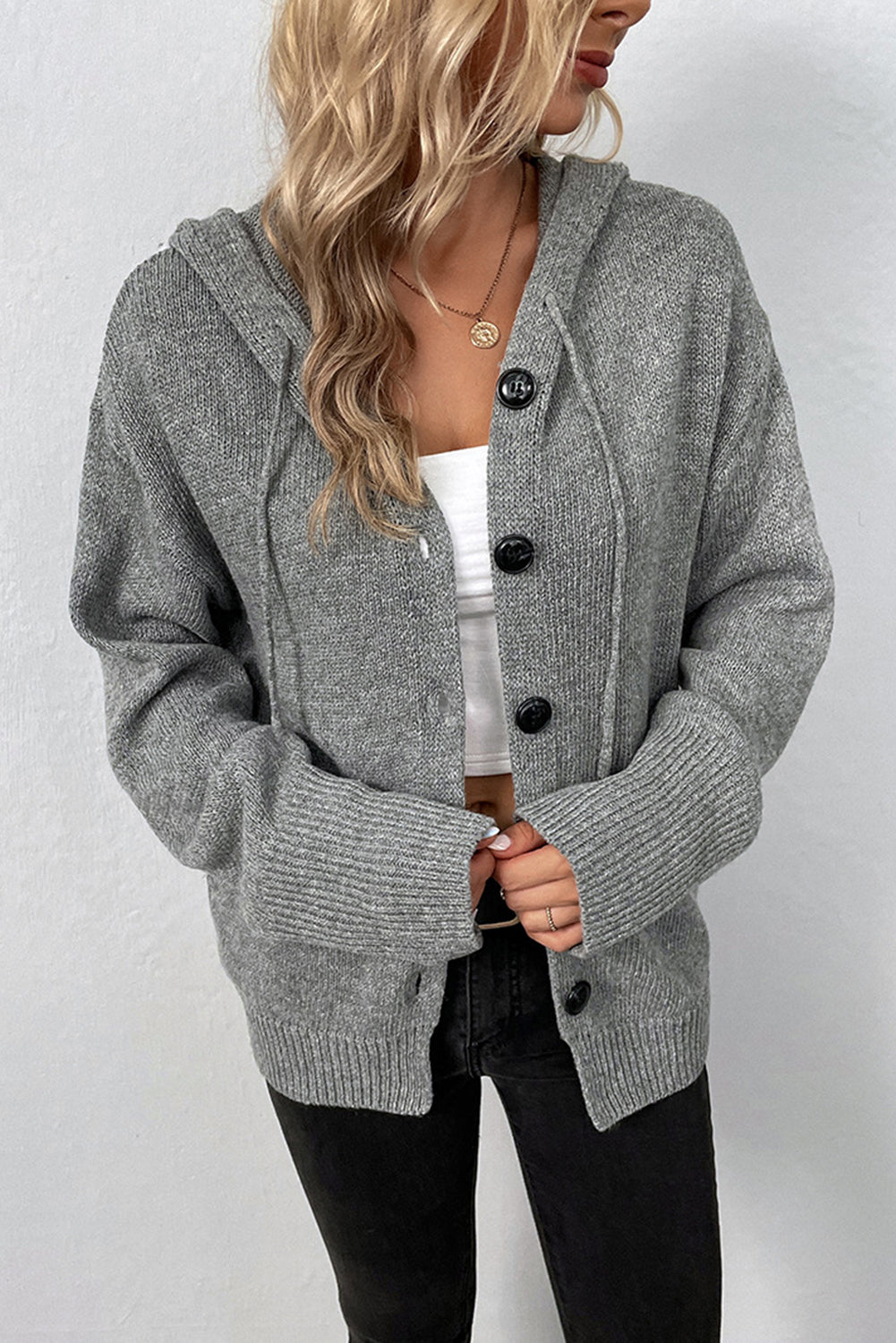 Hooded Button Up Drop Shoulder Sweater Cardigan in Grey or White