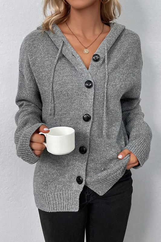 Hooded Button Up Drop Shoulder Sweater Cardigan in Grey or White