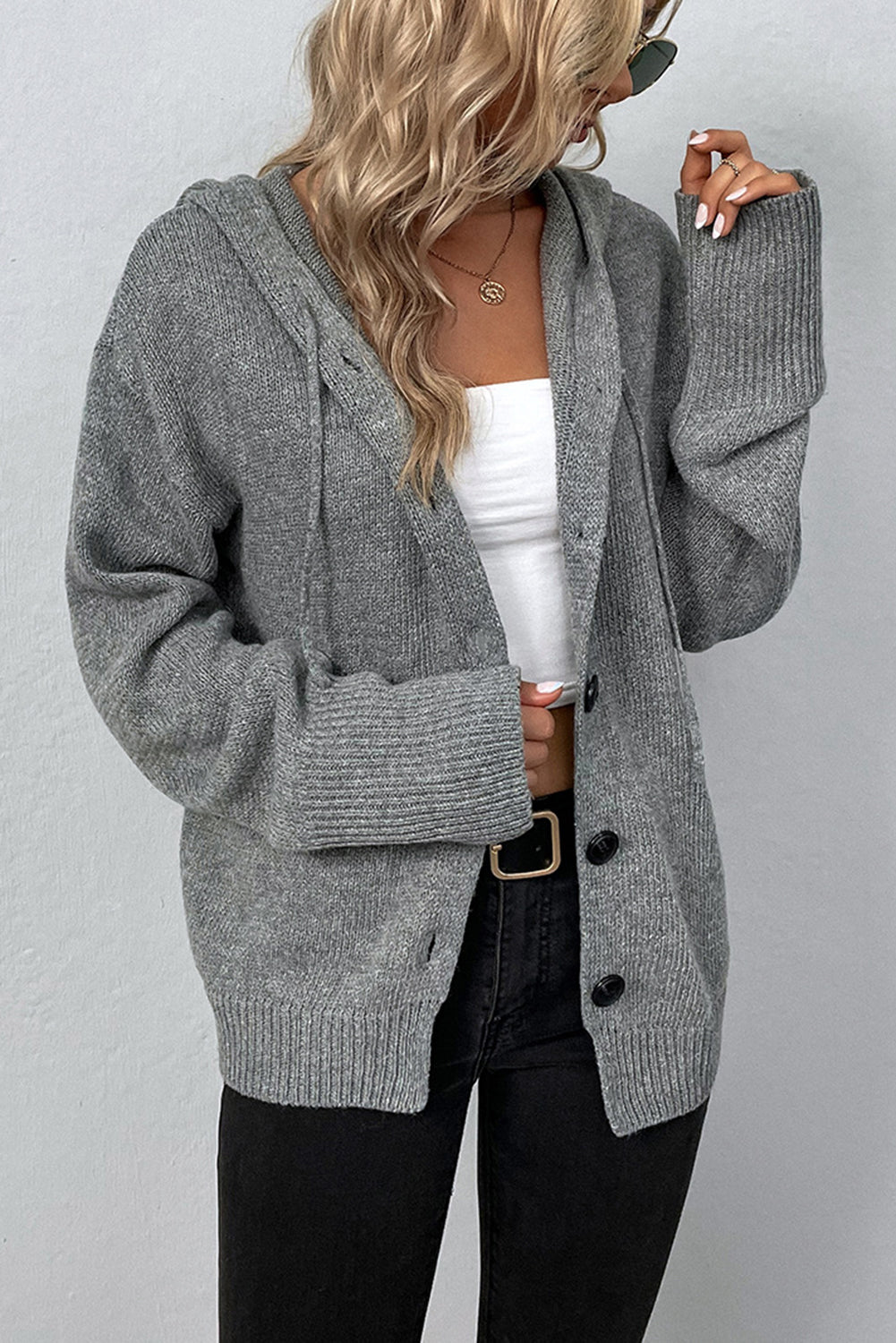 Hooded Button Up Drop Shoulder Sweater Cardigan in Grey or White