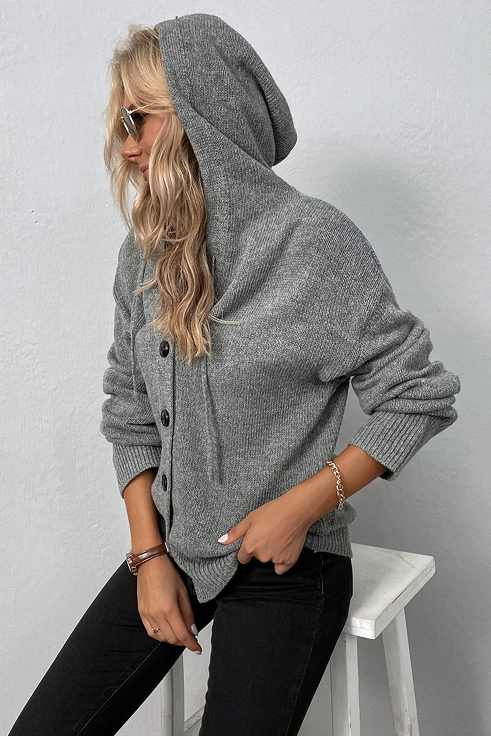 Hooded Button Up Drop Shoulder Sweater Cardigan in Grey or White