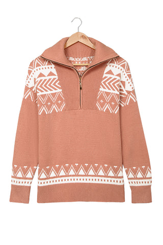 CLEARANCE Casual Aztec western Geometric Knit Quarter Zip Sweater