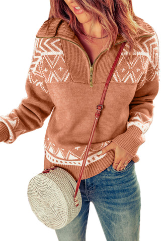 CLEARANCE Casual Aztec western Geometric Knit Quarter Zip Sweater