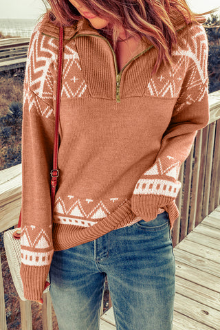 CLEARANCE Casual Aztec western Geometric Knit Quarter Zip Sweater