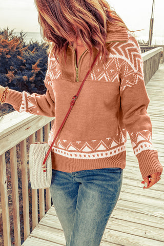 CLEARANCE Casual Aztec western Geometric Knit Quarter Zip Sweater