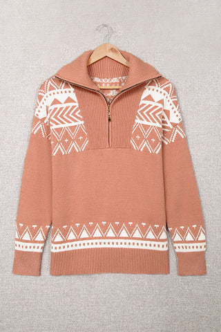 CLEARANCE Casual Aztec western Geometric Knit Quarter Zip Sweater