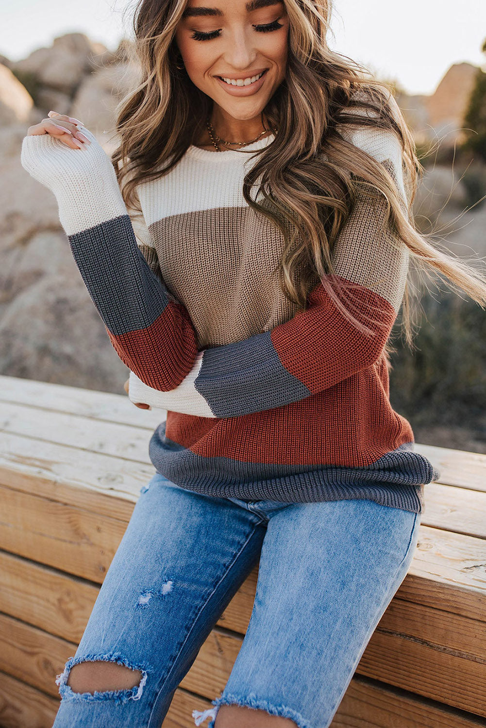 Color Block Knitted O-neck Pullover Sweater