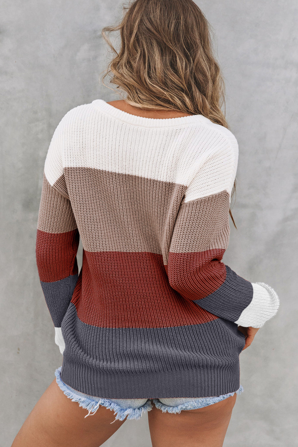 Color Block Knitted O-neck Pullover Sweater