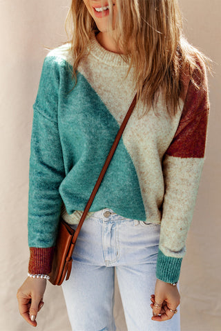 ***CLEARANCE *** Multicolor Colorblock Ribbed Trim Round Neck Sweater