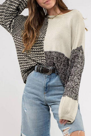 ***CLEARANCE*** Black Patchwork Tie Back Drop Shoulder Knit Sweater